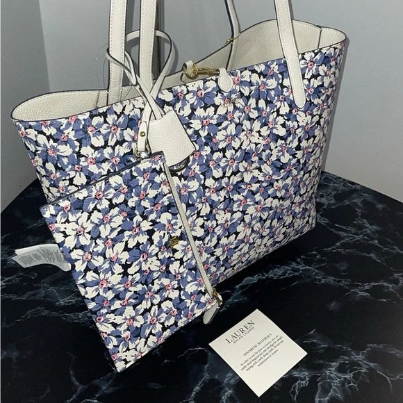 LAUREN RALPH LAUREN Bag Leather Print Tote Purple Vanilla/Breeze Floral w Pouch - Picture 6 of 14